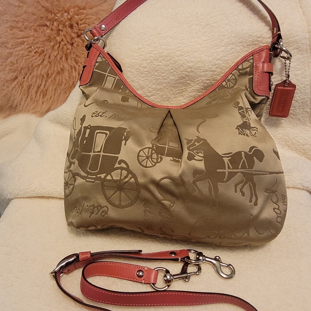 Coach Embossed Fabric Hobo in Taupe with Hot Pink Leather Trim
